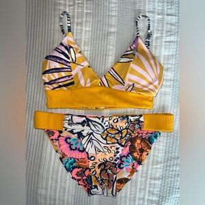 Maaji Yellow Pink Floral Ribbed Bikini Set